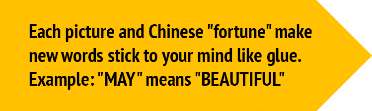 Each picture and Chinese &quot;fortune&quot; make new words stick to your mind like glue. Example: &quot;MAY&quot; means &quot;Beautiful&quot;